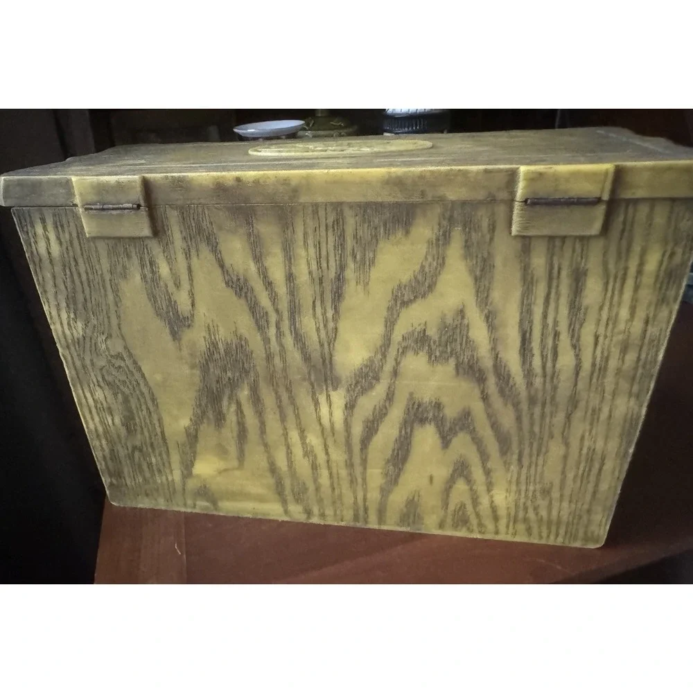 Vintage 1970s Harvest Gold Faux Wood‎ Recipe Box Sunflower Plastic Storage Chest